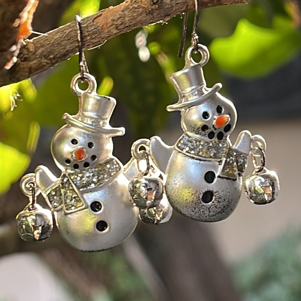 Vintage Silvertone Snowman Pave Crystal & Bell Pierced Earrings